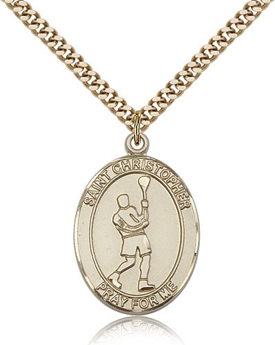 St. Christopher Lacrosse Medal, Gold Filled, Large - 24" 2.4mm Gold Plated Chain + Clasp