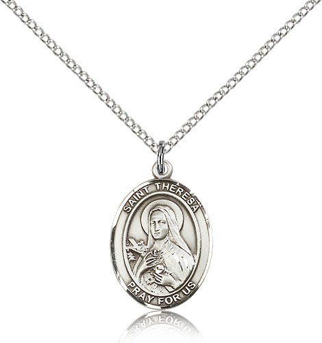 St. Theresa Medal, Sterling Silver, Medium - 18" 1.2mm Sterling Silver Chain + Clasp