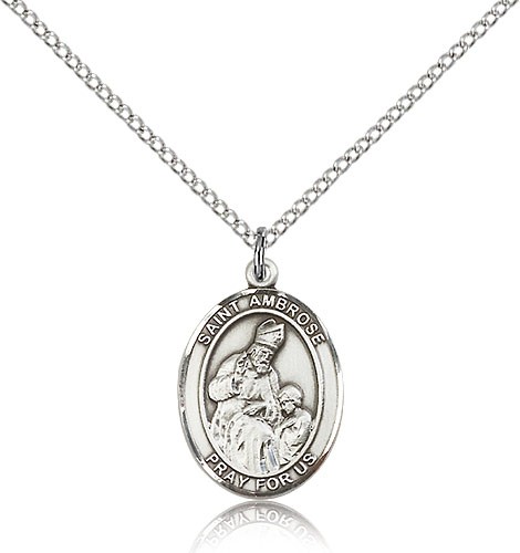 St. Ambrose Medal, Sterling Silver, Medium - 18" 1.2mm Sterling Silver Chain + Clasp