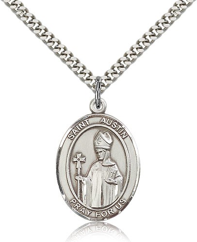 St. Austin Medal, Sterling Silver, Large - 24" 2.4mm Rhodium Plate Chain + Clasp