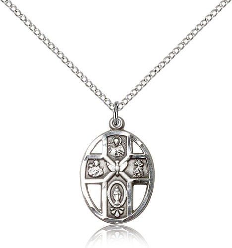 5 Way Cross Holy Spirit Medal, Sterling Silver - 18" 1.2mm Sterling Silver Chain + Clasp