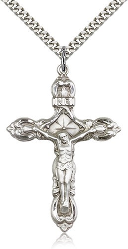 Crucifix Pendant, Sterling Silver - 24" 2.4mm Rhodium Plate Endless Chain