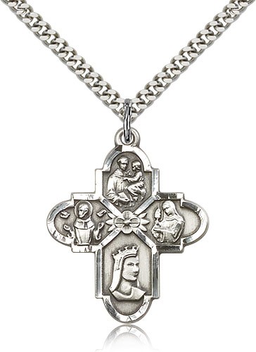 Franciscan 4 Way Cross Pendant, Sterling Silver - 24" 2.4mm Rhodium Plate Endless Chain