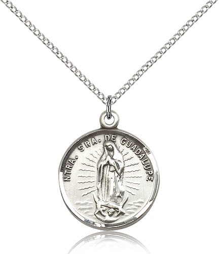 Our Lady of Guadalupe Medal, Sterling Silver - 18" 1.2mm Sterling Silver Chain + Clasp