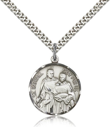 St. Raphael Medal, Sterling Silver - 24" 2.4mm Rhodium Plate Endless Chain