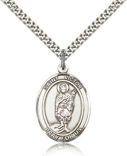 St. Victor of Marseilles Medal, Sterling Silver, Large - 24" 2.4mm Rhodium Plate Chain + Clasp