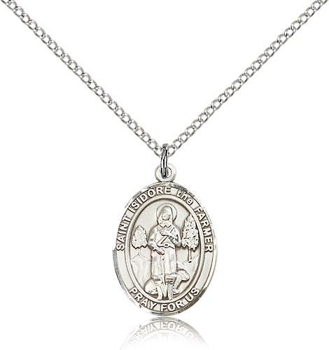 St. Isidore the Farmer Medal, Sterling Silver, Medium - 18" 1.2mm Sterling Silver Chain + Clasp