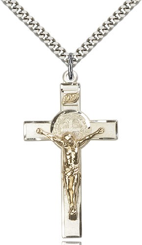 St. Benedict Crucifix Pendant, Two-Tone - 24" 2.4mm Rhodium Plate Endless Chain