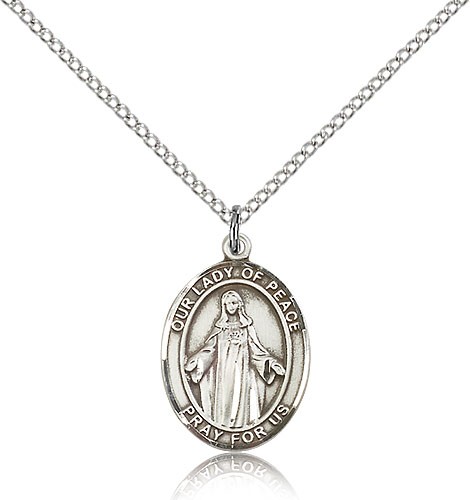 Our Lady of Peace Medal, Sterling Silver, Medium - 18" 1.2mm Sterling Silver Chain + Clasp
