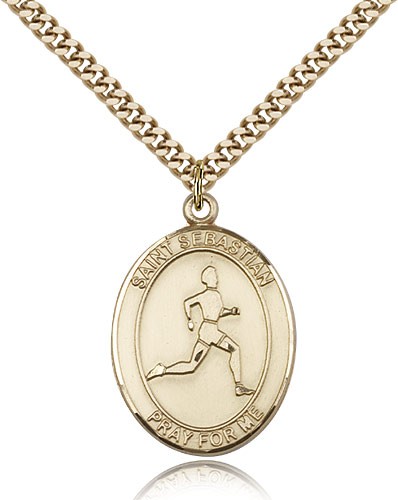 St. Sebastian Track and Field Medal, Gold Filled, Large - 24" 2.4mm Gold Plated Chain + Clasp