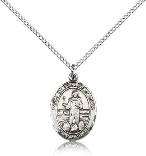 St. Bernadine of Sienna Medal, Sterling Silver, Medium - 18" 1.2mm Sterling Silver Chain + Clasp