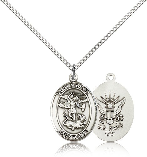St. Michael Navy Medal, Sterling Silver, Medium - 18" 1.2mm Sterling Silver Chain + Clasp