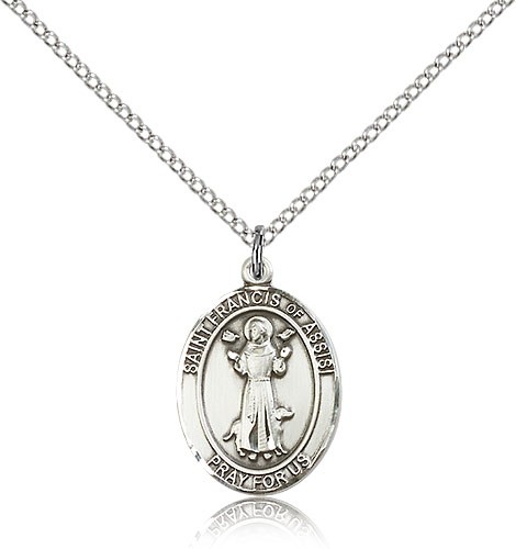 St. Francis of Assisi Medal, Sterling Silver, Medium - 18" 1.2mm Sterling Silver Chain + Clasp