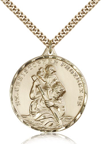 Large Men's 14kt Gold Filled St. Christopher Medal - 24" 2.4mm Gold Plated Endless Chain