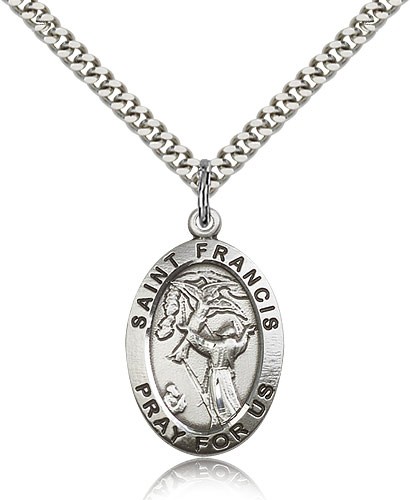 St. Francis of Assisi Medal, Sterling Silver - 24" 2.4mm Rhodium Plate Endless Chain