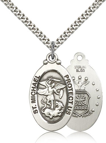 St. Michael Air Force Medal, Sterling Silver - 24" 2.4mm Rhodium Plate Endless Chain