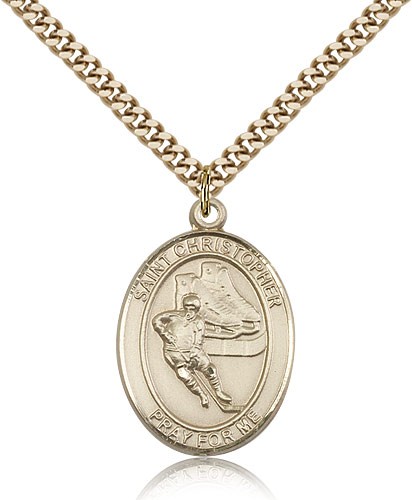 St. Christopher Hockey Medal, Gold Filled, Large - 24" 2.4mm Gold Plated Chain + Clasp