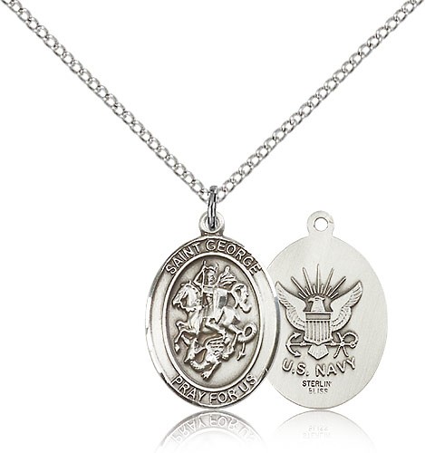 St. George Navy Medal, Sterling Silver, Large - 18" 1.2mm Sterling Silver Chain + Clasp