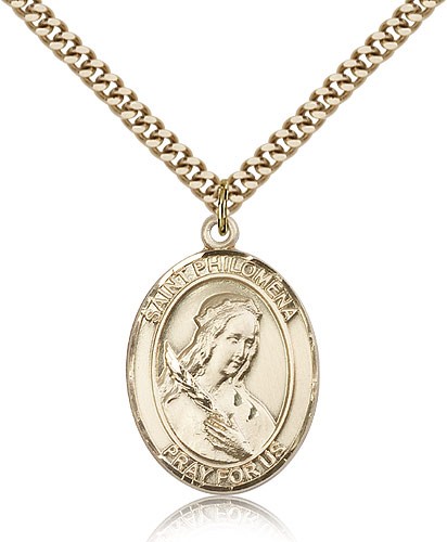 St. Philomena Medal, Gold Filled, Large - 24" 2.4mm Gold Plated Chain + Clasp