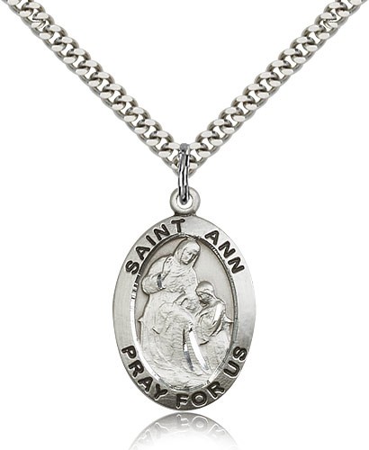 St. Ann Medal, Sterling Silver - 24" 2.4mm Rhodium Plate Endless Chain
