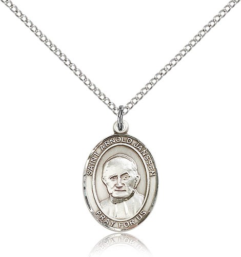 St. Arnold Janssen Medal, Sterling Silver, Medium - 18" 1.2mm Sterling Silver Chain + Clasp