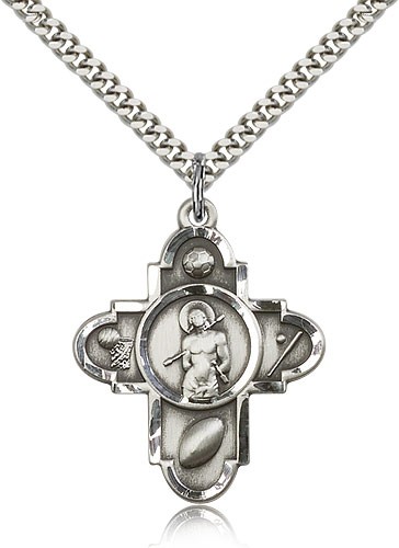 Sports 5 Way Cross St Sebastian Medal, Sterling Silver - 24" 2.4mm Rhodium Plate Endless Chain