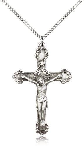 Crucifix Pendant, Sterling Silver - 18" 1.2mm Sterling Silver Chain + Clasp