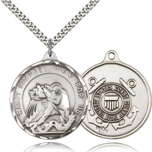 St. Joseph Coast Guard Medal, Sterling Silver - 24" 2.4mm Rhodium Plate Endless Chain
