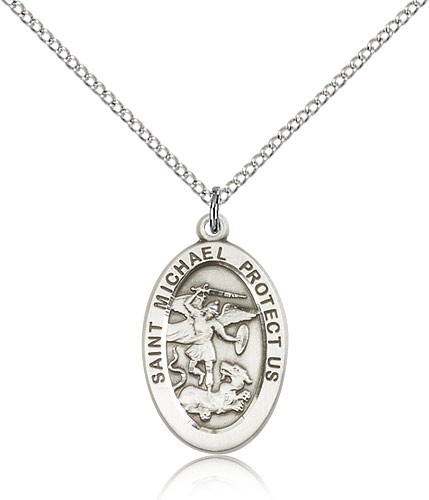 St. Michael the Archangel Medal, Sterling Silver - 18" 1.2mm Sterling Silver Chain + Clasp