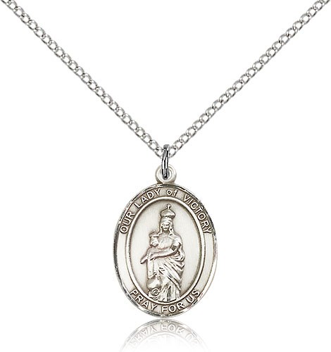 Our Lady of Victory Medal, Sterling Silver, Medium - 18" 1.2mm Sterling Silver Chain + Clasp