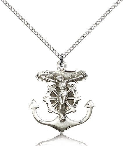 Anchor Crucifix Pendant, Sterling Silver - 18" 1.2mm Sterling Silver Chain + Clasp