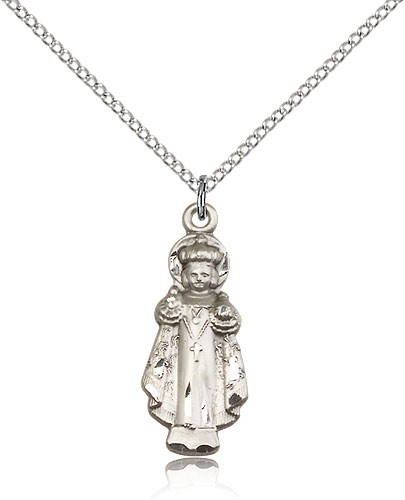 Infant of Prague Medal, Sterling Silver - 18" 1.2mm Sterling Silver Chain + Clasp