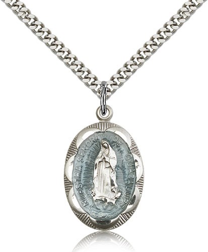 Our Lady of Guadalupe Medal, Sterling Silver - 24" 2.4mm Rhodium Plate Endless Chain