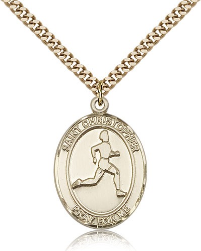 St. Christopher Track and Field Medal, Gold Filled, Large - 24" 2.4mm Gold Plated Chain + Clasp