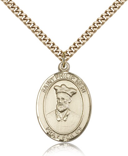 St. Philip Neri Medal, Gold Filled, Large - 24" 2.4mm Gold Plated Chain + Clasp