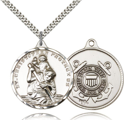 St. Christopher Coast Guard Medal, Sterling Silver - 24" 2.4mm Rhodium Plate Endless Chain