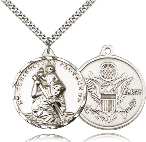 St. Christopher Army Medal, Sterling Silver - 24" 2.4mm Rhodium Plate Endless Chain