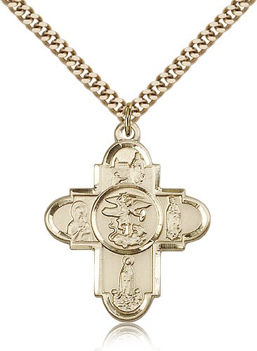 Our Lady 5 Way Cross Pendant, Gold Filled - 24" 2.4mm Gold Plated Endless Chain
