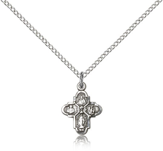 4 Way Cross Chalice Medal, Sterling Silver - 18" 1.2mm Sterling Silver Chain + Clasp