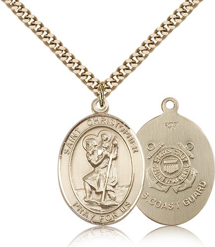 St. Christopher Coast Guard Medal, Gold Filled, Large - 24" 2.4mm Gold Plated Chain + Clasp