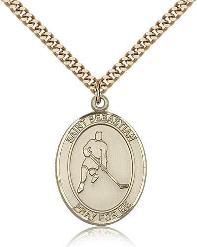 St. Sebastian Ice Hockey Medal, Gold Filled, Large - 24" 2.4mm Gold Plated Chain + Clasp