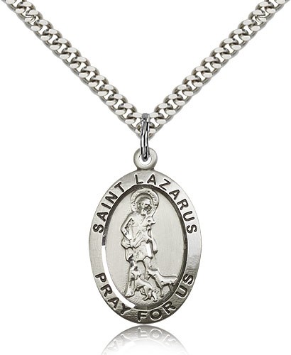 St. Lazarus Medal, Sterling Silver - 24" 2.4mm Rhodium Plate Endless Chain