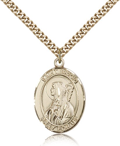 St. Brigid of Ireland Medal, Gold Filled, Large - 24" 2.4mm Gold Plated Chain + Clasp