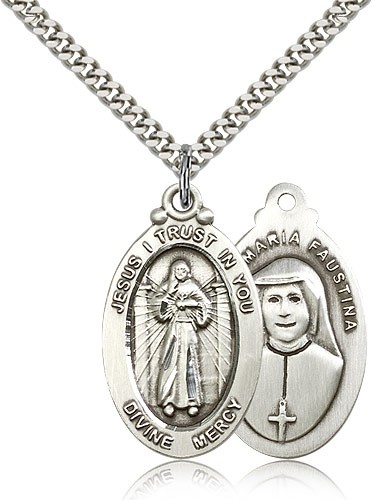 Divine Mercy Medal, Sterling Silver - 24" 2.4mm Rhodium Plate Endless Chain