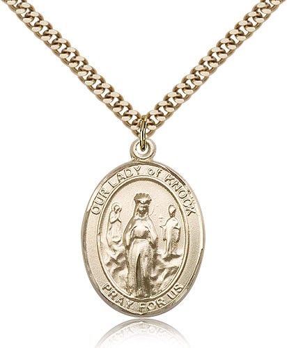 Our Lady of Knock Medal, Gold Filled, Large - 24" 2.4mm Gold Plated Chain + Clasp