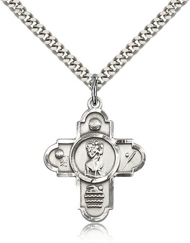 Sports 5 Way Cross St Christopher Medal, Sterling Silver - 24" 2.4mm Rhodium Plate Endless Chain