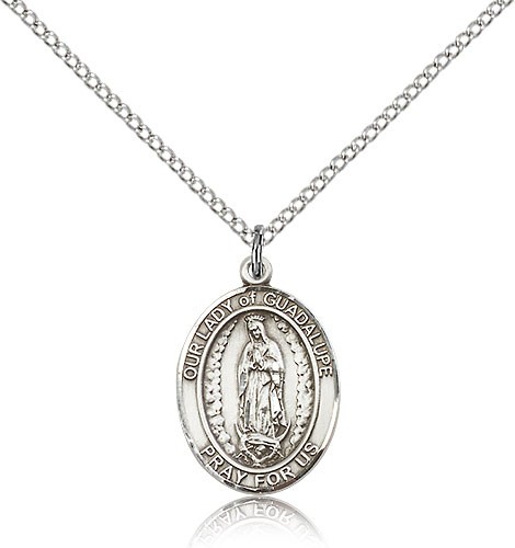 Our Lady of Guadalupe Medal, Sterling Silver, Medium - 18" 1.2mm Sterling Silver Chain + Clasp