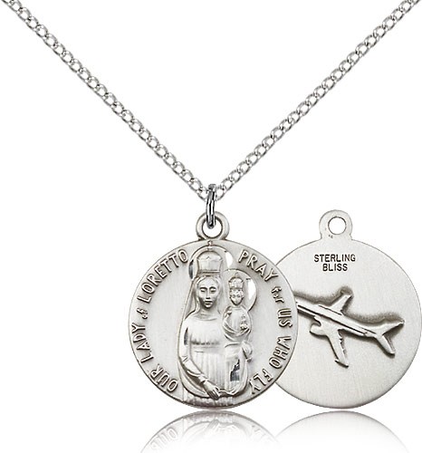 Our Lady of Loretto Medal, Sterling Silver - 18" 1.2mm Sterling Silver Chain + Clasp
