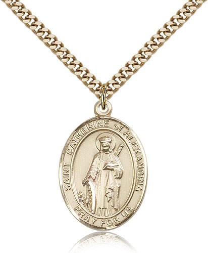 St. Catherine of Alexandria Medal, Gold Filled, Large - 24" 2.4mm Gold Plated Chain + Clasp