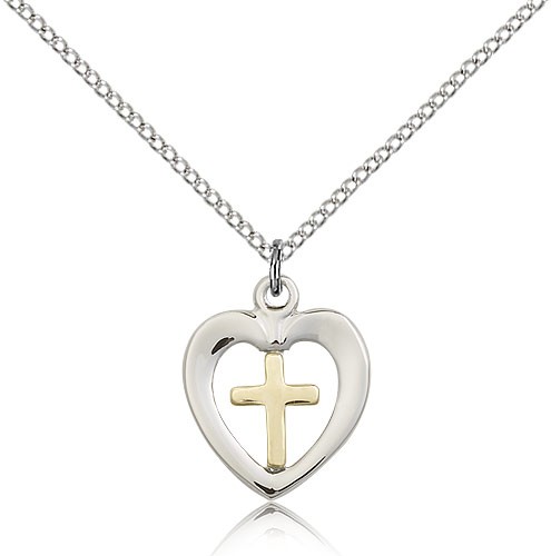 Heart Cross Pendant, Two-Tone - 18" 1.2mm Sterling Silver Chain + Clasp